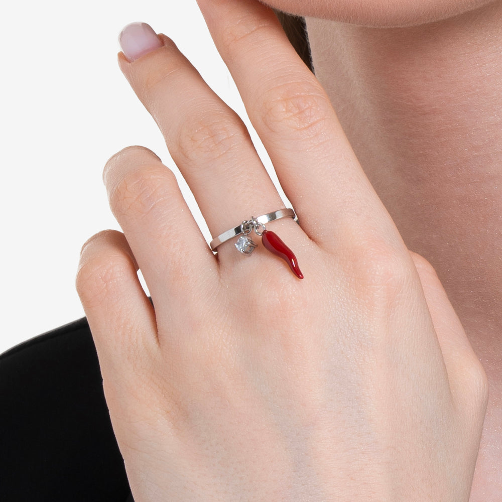 ANELLO DONNA IN ACCIAIO CON CORNO ROSSO E PUNTO LUCE