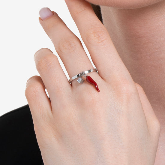 ANELLO DONNA IN ACCIAIO CON CORNO ROSSO E PUNTO LUCE