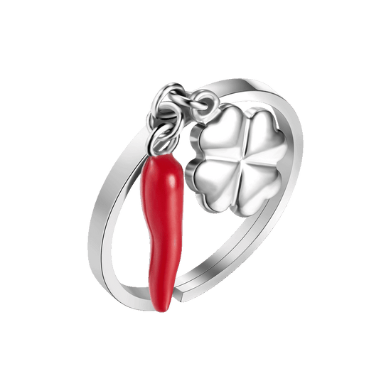 ANELLO DONNA IN ACCIAIO CON CORNO ROSSO E QUADRIFOGLIO