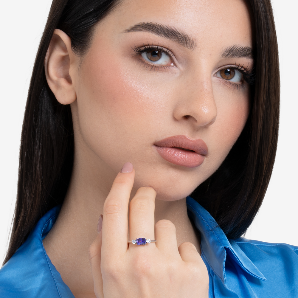 ANELLO DONNA IN ACCIAIO CON ZIRCONI VIOLA E BIANCHI