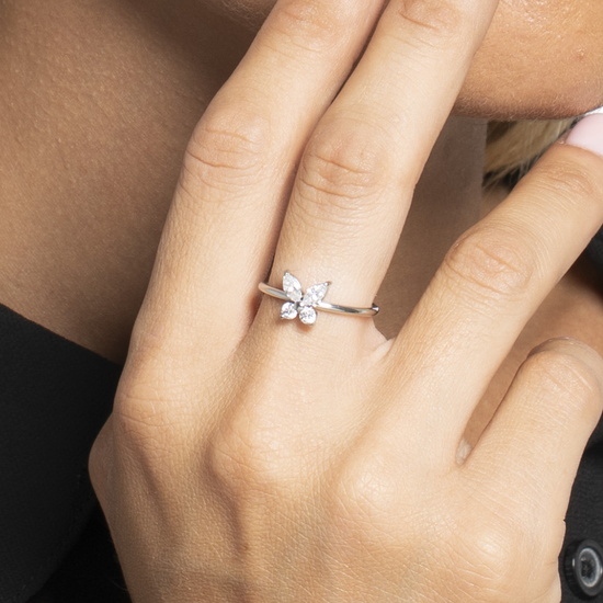 ANELLO DONNA IN ACCIAIO CON FARFALLA E ZIRCONI BIANCHI