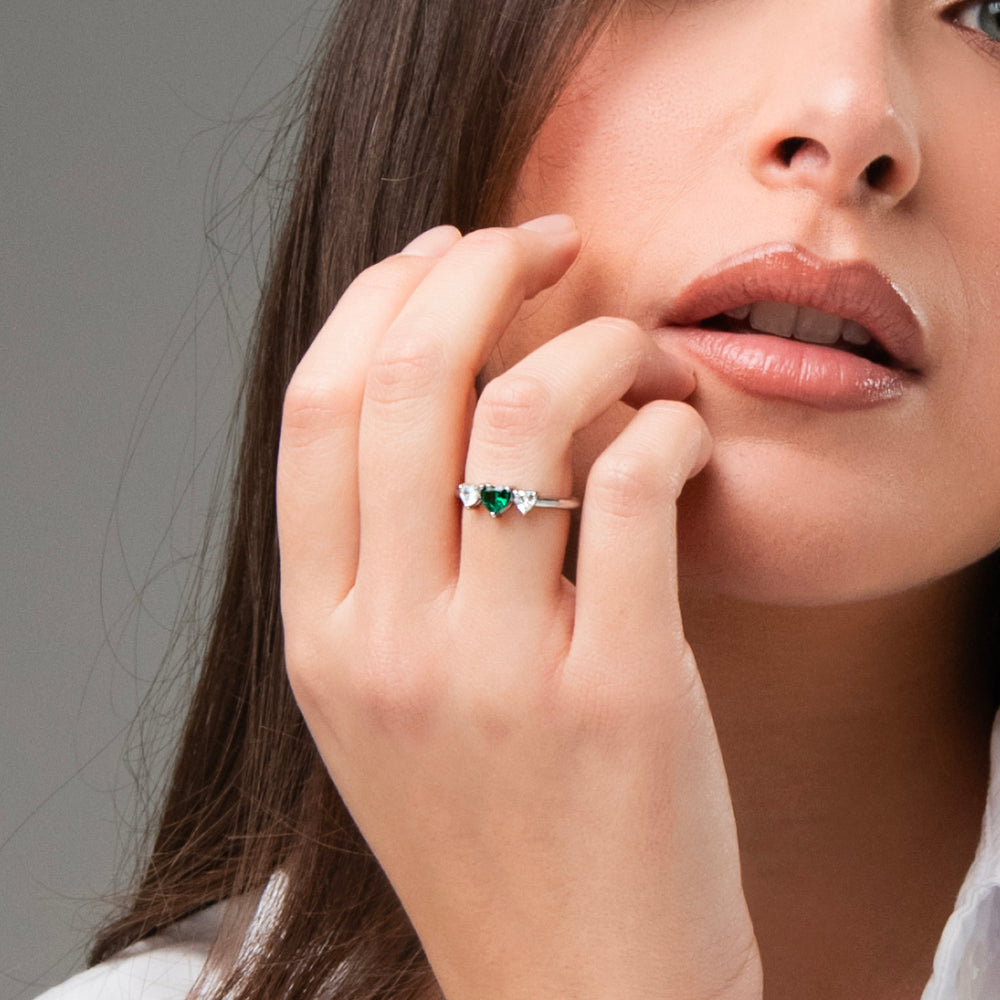 ANELLO DONNA IN ACCIAIO CON CUORI CON ZIRCONI BIANCHI E VERDI