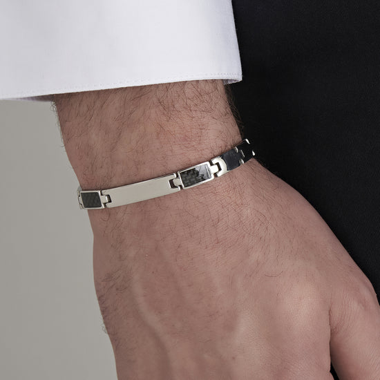 PULSERA DE HOMBRE CON PLACA DE ACERO Y ELEMENTOS NEGROS