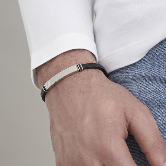 BRAZALETE DE ACERO Y CUERO PARA HOMBRE