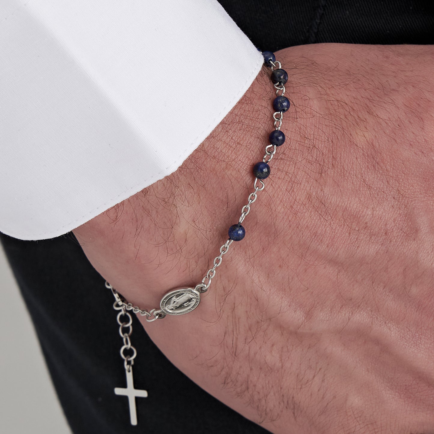PULSERA ROSARIO DE ACERO PARA HOMBRE CON PIEDRAS DE LAPISLÁZULI