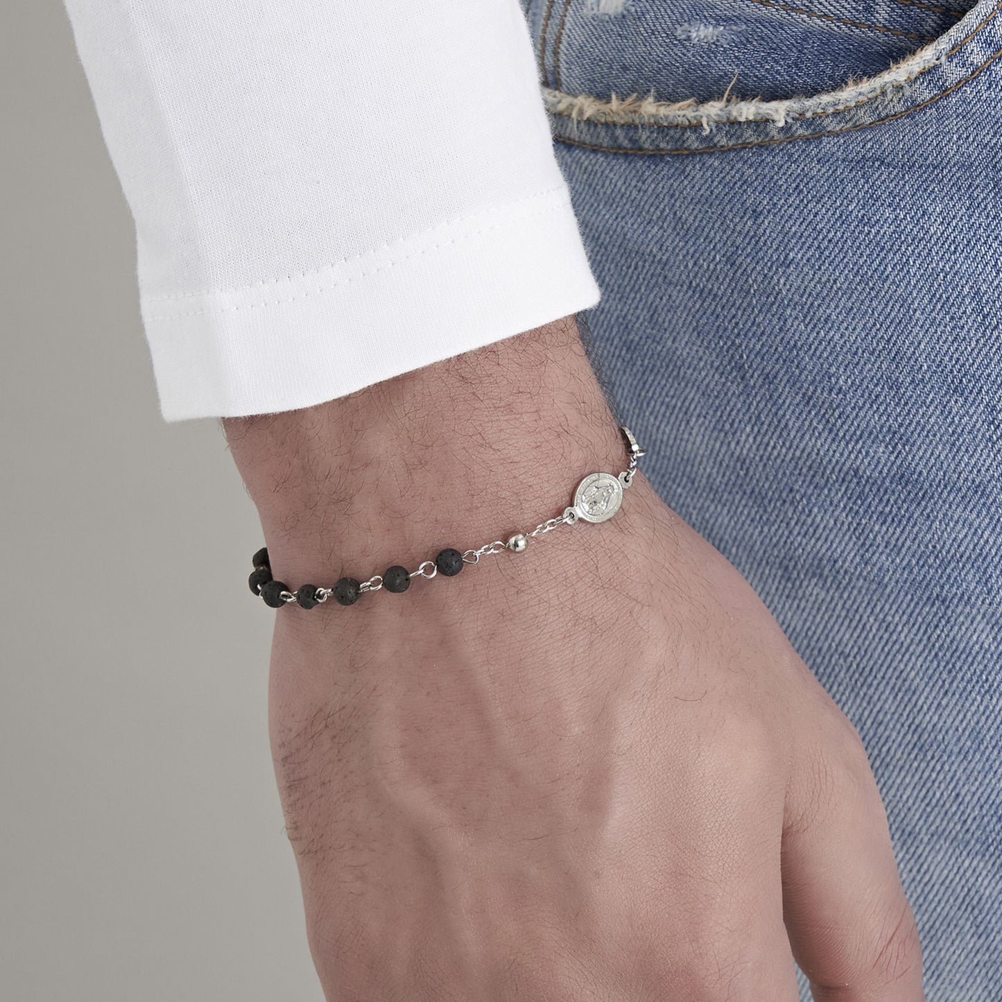 PULSERA ROSARIO DE ACERO PARA HOMBRE CON PIEDRA DE LAVA