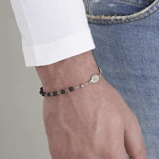 PULSERA ROSARIO DE ACERO PARA HOMBRE CON PIEDRA DE LAVA