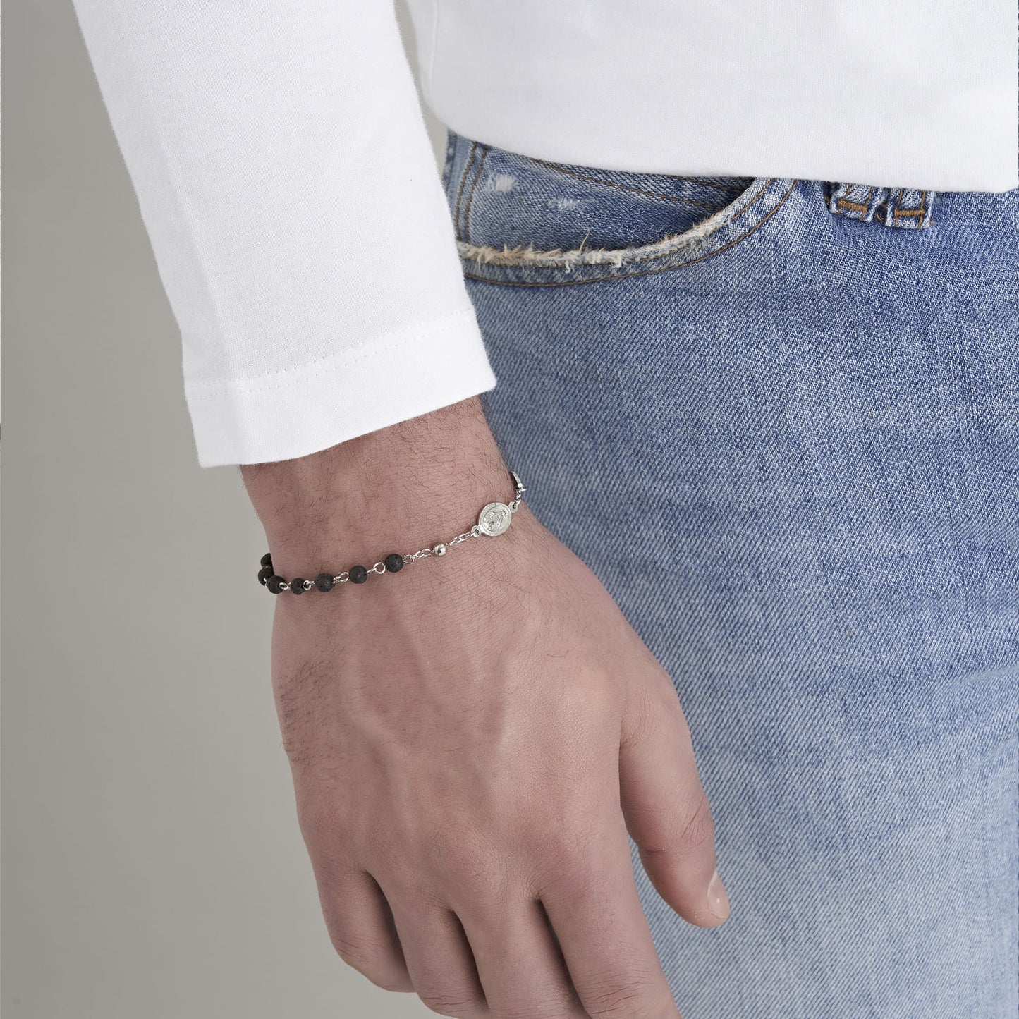PULSERA ROSARIO DE ACERO PARA HOMBRE CON PIEDRA DE LAVA