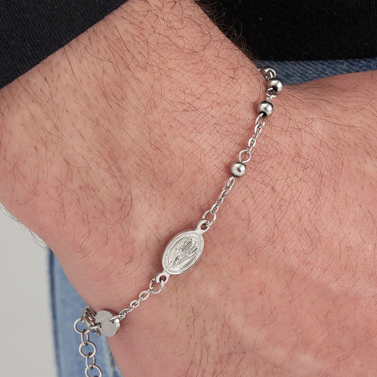 PULSERA DE ROSARIO DE HOMBRE EN ACERO CON HUESOS DE ACERO Luca Barra