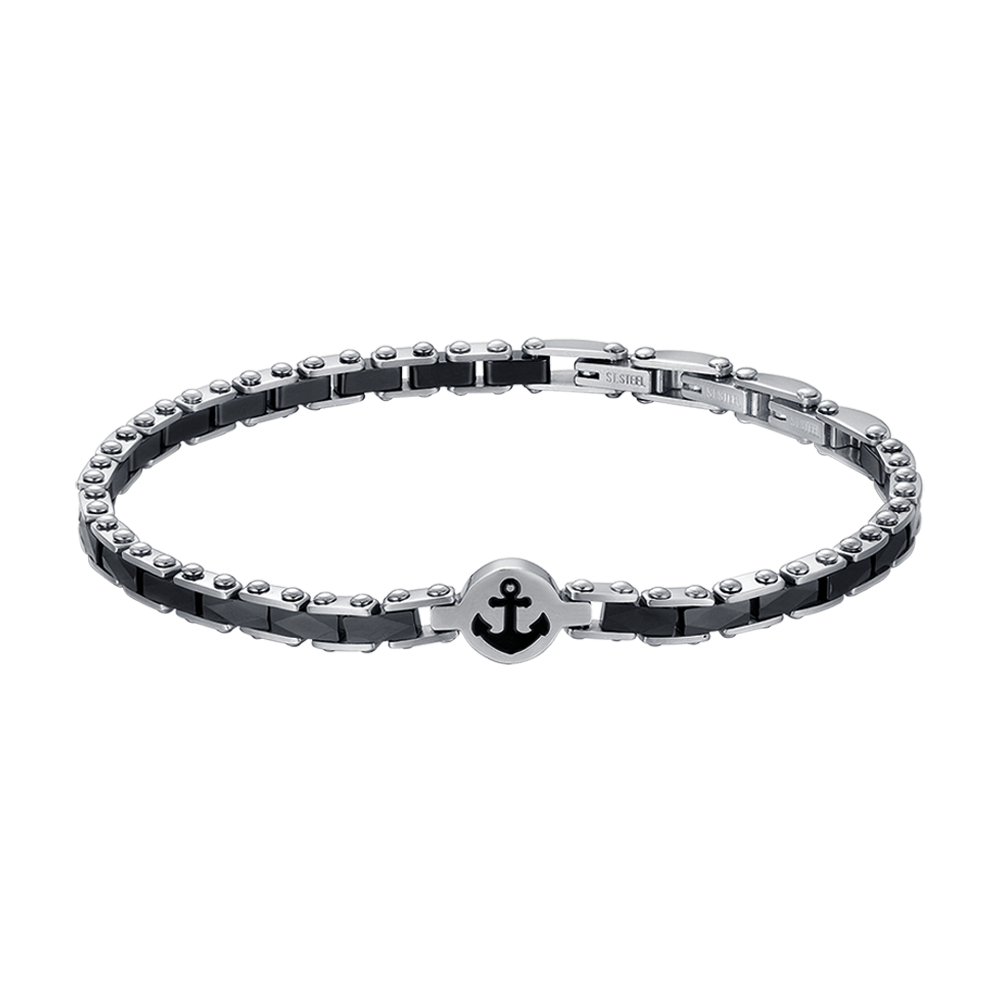 PULSERA DE ACERO PARA HOMBRE CON ELEMENTOS DE CERÁMICA NEGRA CON ANCLA