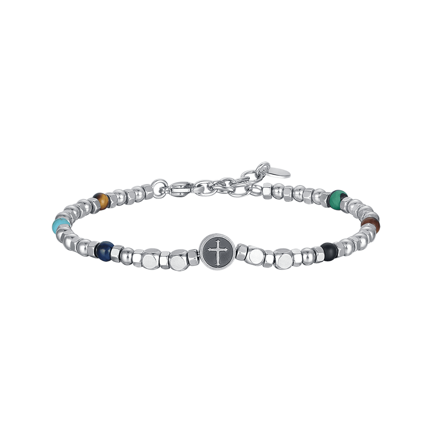 PULSERA DE ACERO PARA HOMBRE CON PIEDRAS DE COLORES Y CRUZ