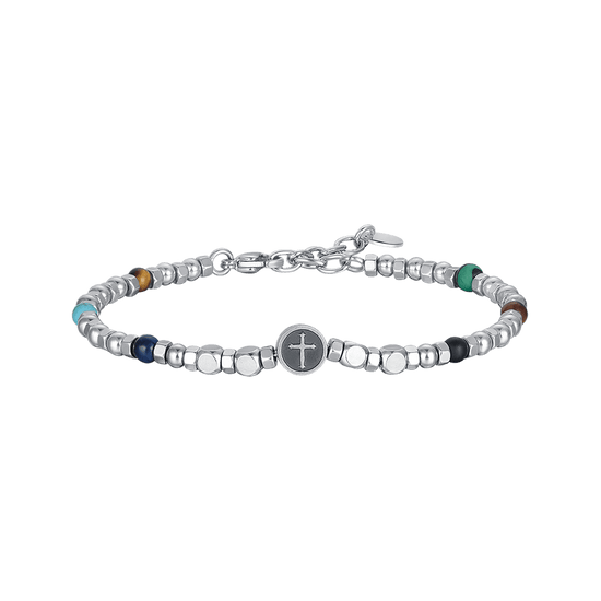 PULSERA DE ACERO PARA HOMBRE CON PIEDRAS DE COLORES Y CRUZ