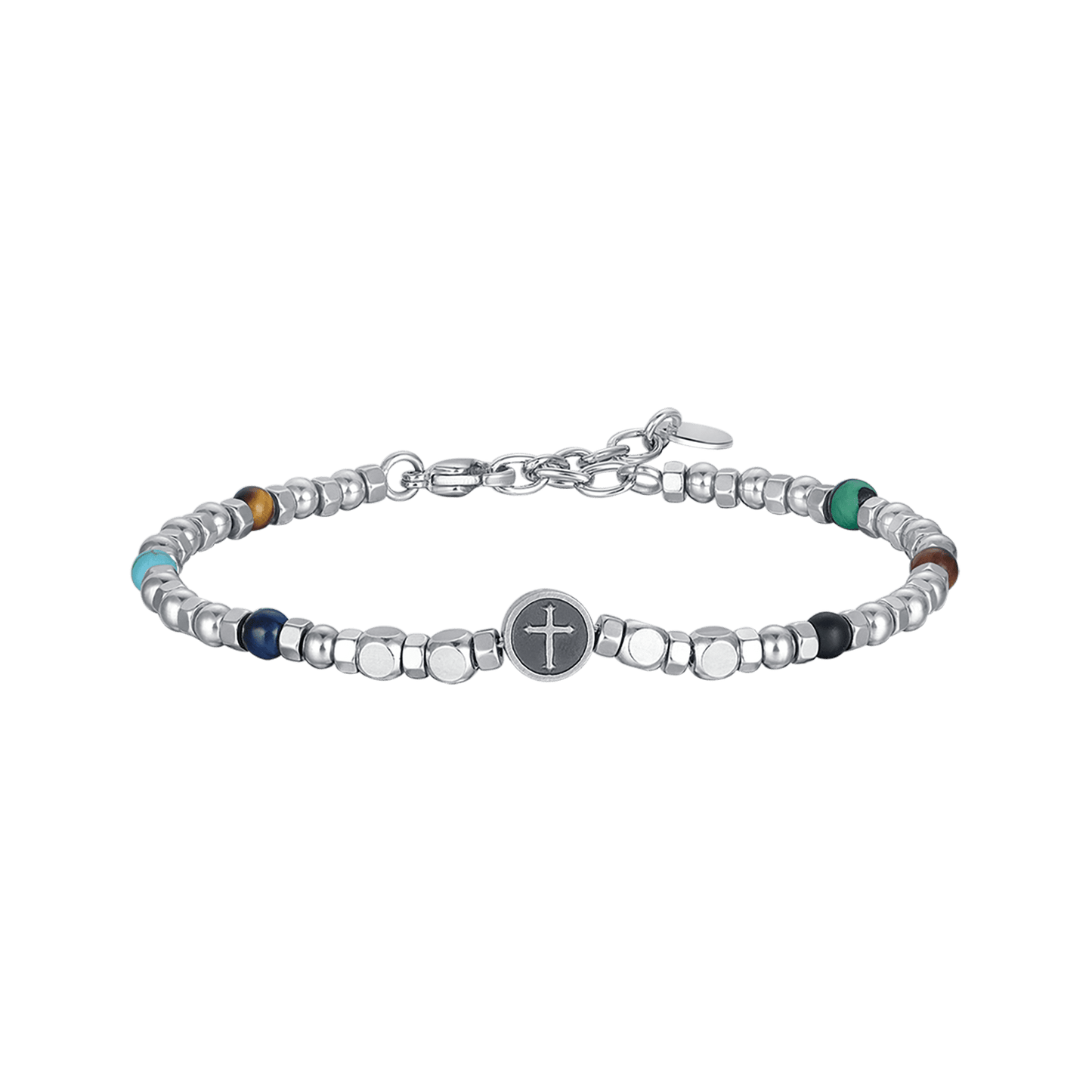 PULSERA DE ACERO PARA HOMBRE CON PIEDRAS DE COLORES Y CRUZ