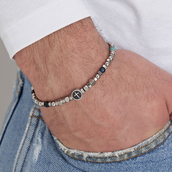 PULSERA DE ACERO PARA HOMBRE CON PIEDRAS DE COLORES Y CRUZ