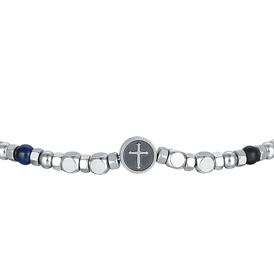 PULSERA DE ACERO PARA HOMBRE CON PIEDRAS DE COLORES Y CRUZ