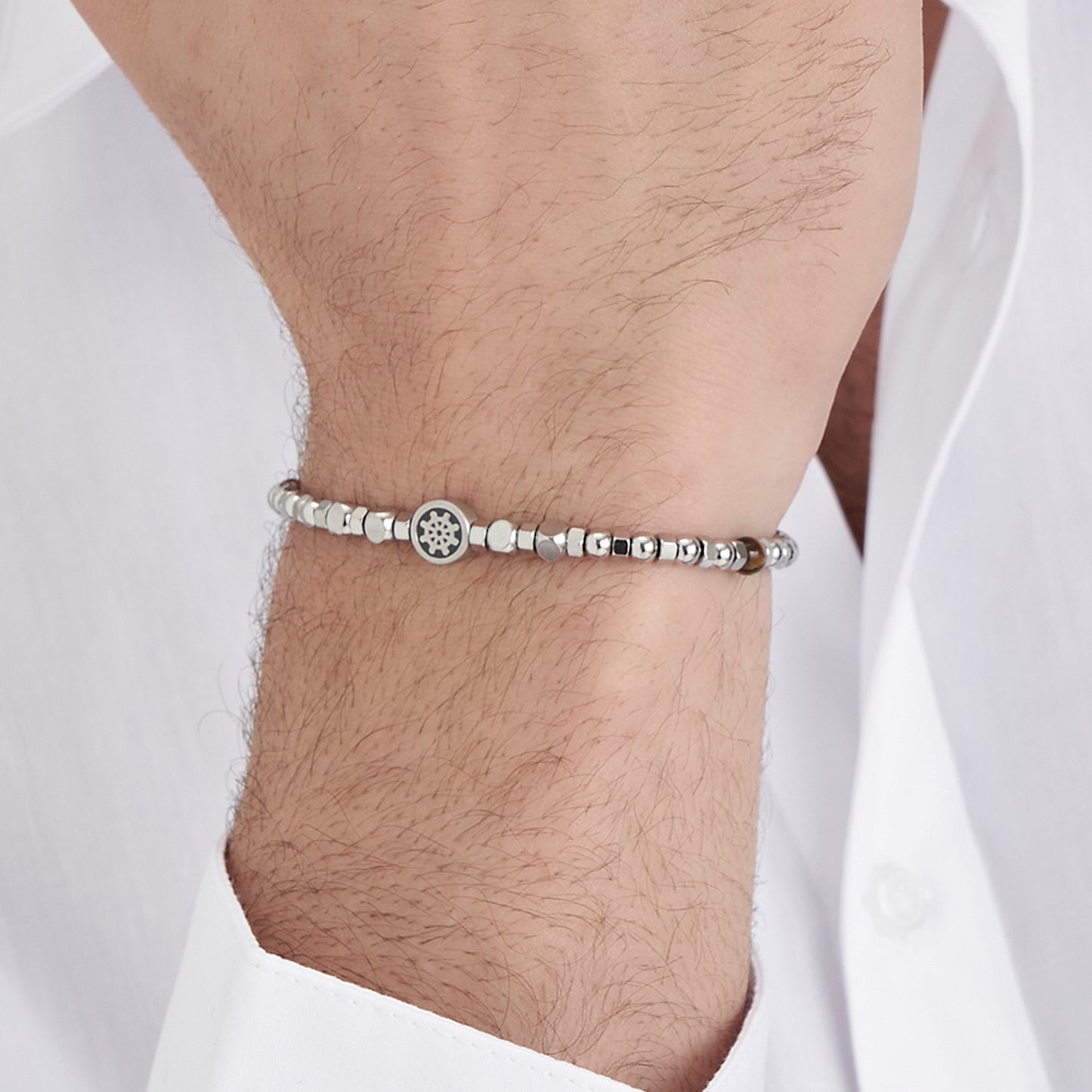 PULSERA DE ACERO PARA HOMBRE CON OJO DE TIGRE Y TIMÓN