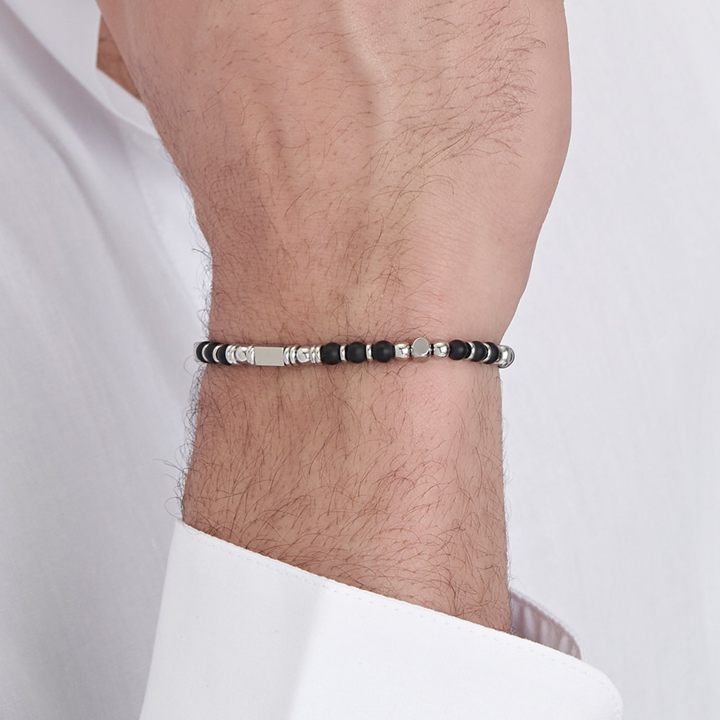PULSERA DE ACERO PARA HOMBRE CON PIEDRAS DE ÁGATA NEGRA
