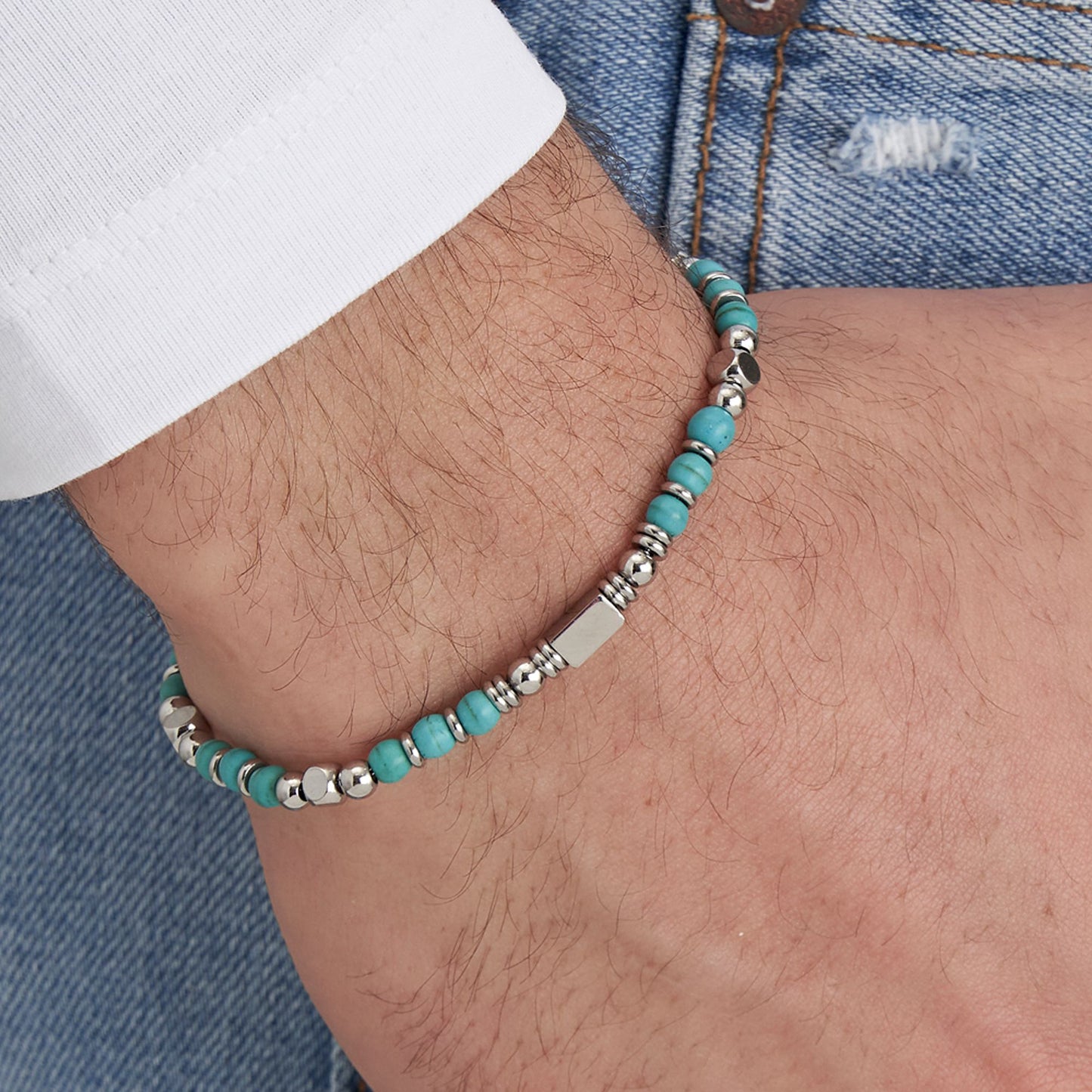 PULSERA DE ACERO PARA HOMBRE CON PIEDRAS DE TURQUESA Y ACERO