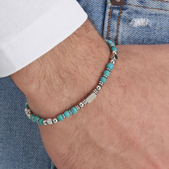 PULSERA DE ACERO PARA HOMBRE CON PIEDRAS DE TURQUESA Y ACERO
