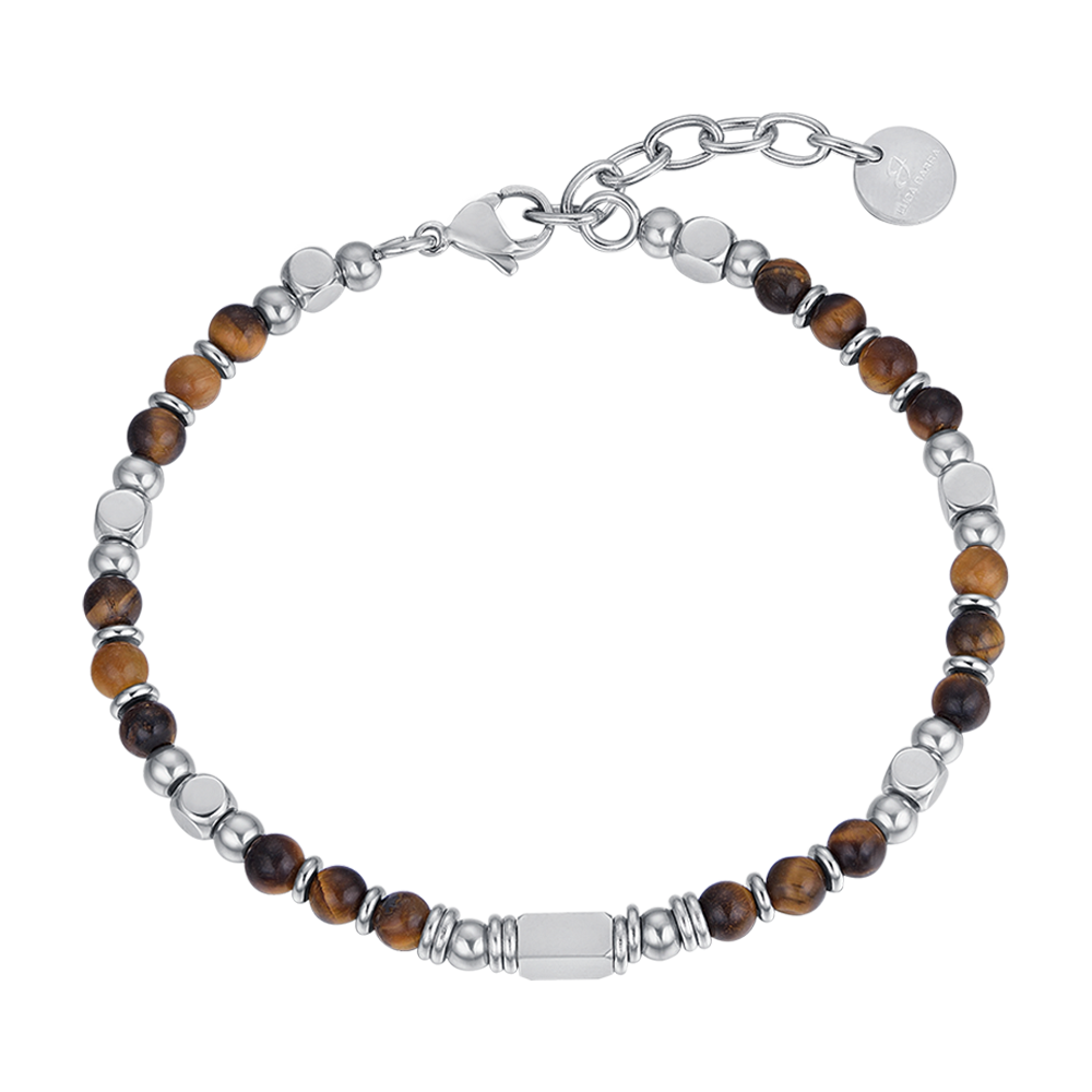 PULSERA DE HOMBRE EN ACERO CON PIEDRAS DE OJO DE TIGRE MARRON Luca Barra