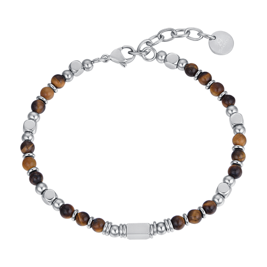 PULSERA DE ACERO PARA HOMBRE CON PIEDRAS DE OJO DE TIGRE MARRONES