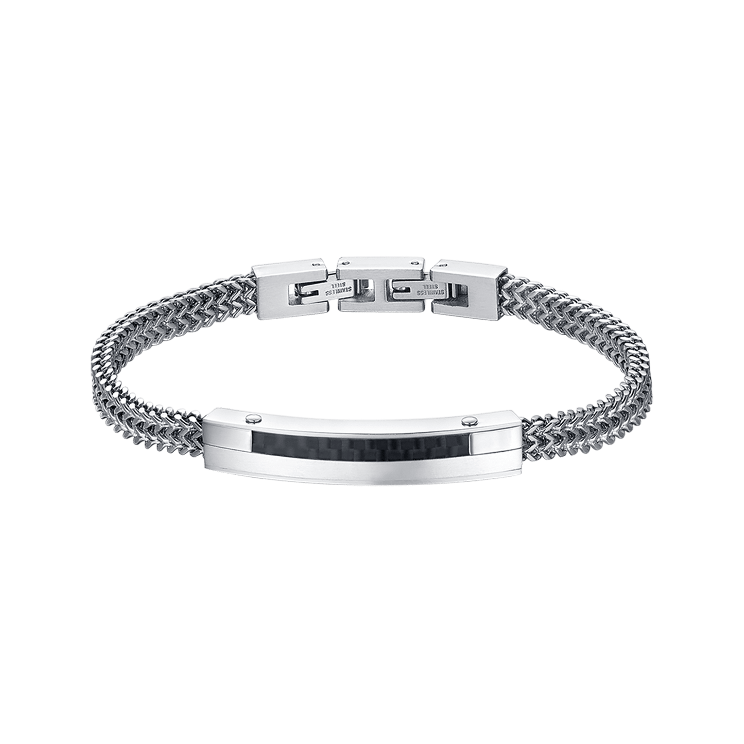 BRAZALETE DE ACERO PARA HOMBRE CON PLACA DE FIBRA DE CARBONO Y ELEMENTO NEGRO