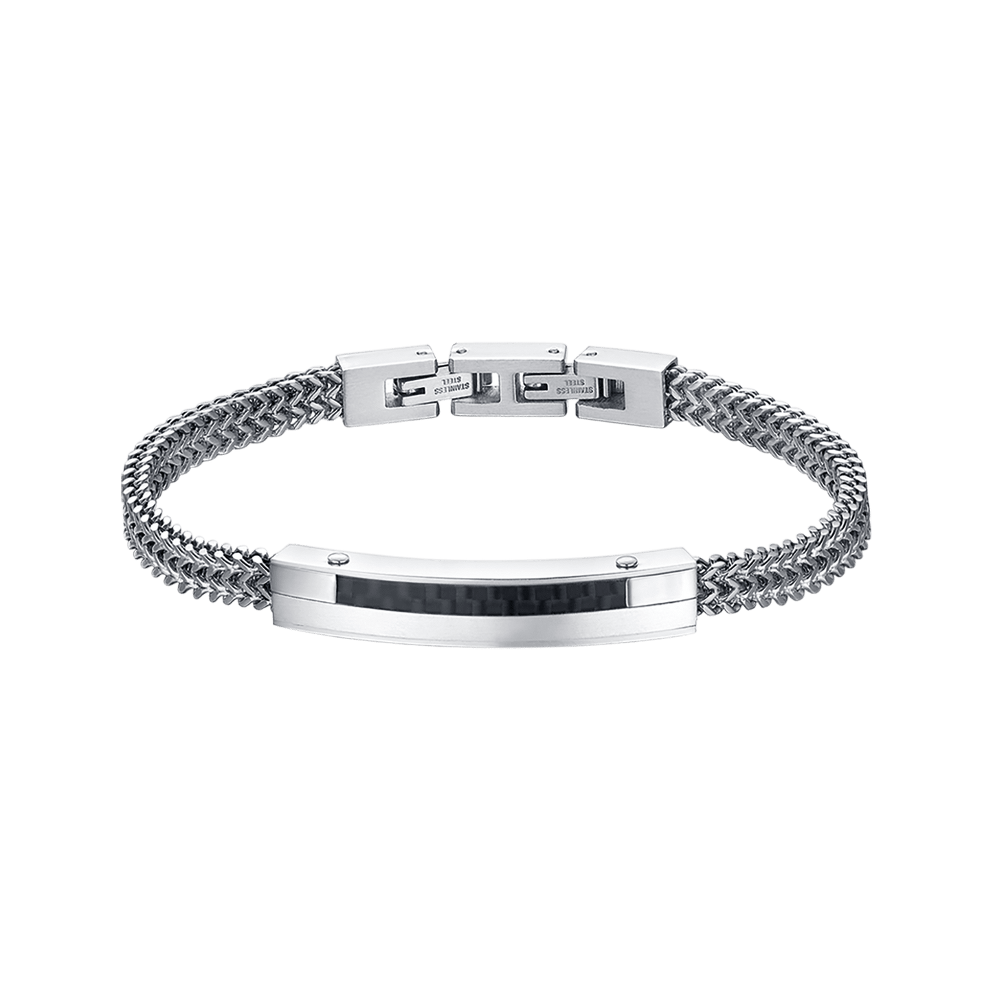 PULSERA DE ACERO PARA HOMBRE CON PLACA DE FIBRA DE CARBONO Y ELEMENTO NEGRO Luca Barra