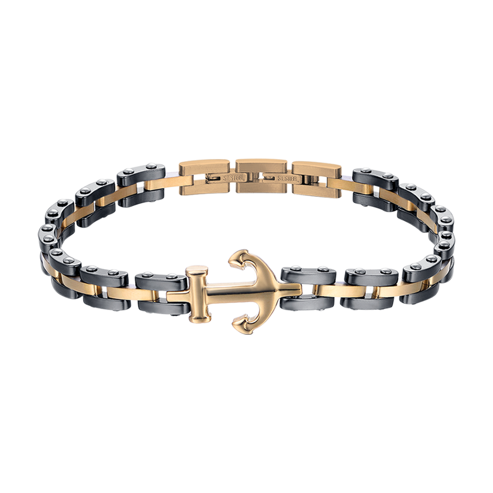 BRAZALETE DE ACERO ROSA PARA HOMBRE CON ELEMENTOS DE CERÁMICA NEGRA Y ANCLA
