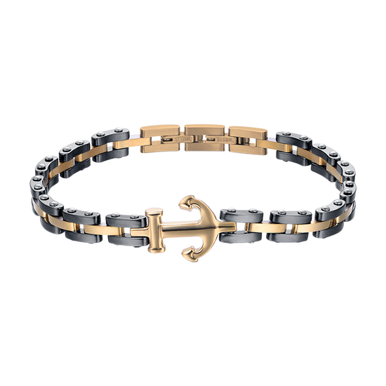 BRAZALETE DE ACERO ROSA PARA HOMBRE CON ELEMENTOS DE CERÁMICA NEGRA Y ANCLA