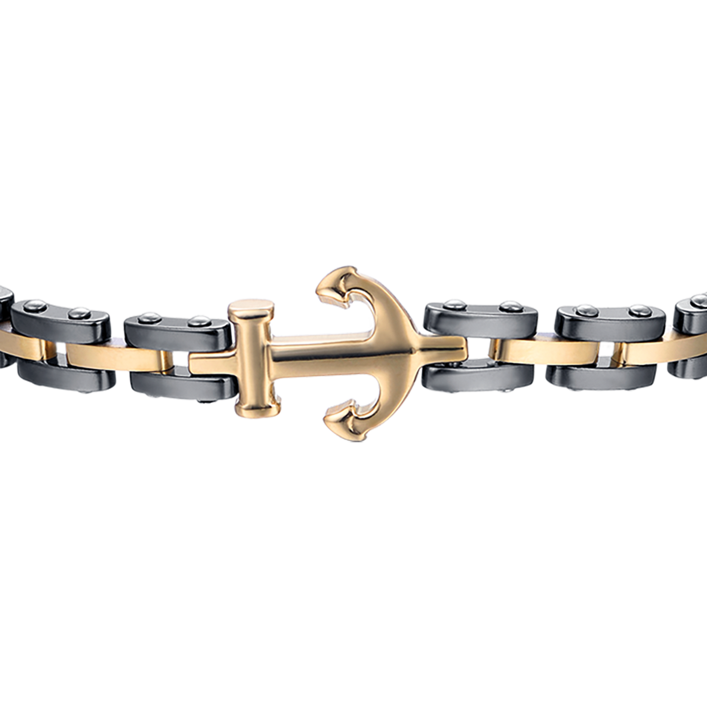 BRAZALETE DE ACERO ROSA PARA HOMBRE CON ELEMENTOS DE CERÁMICA NEGRA Y ANCLA