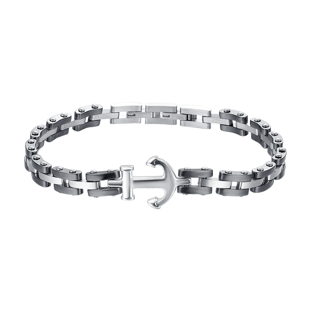 BRAZALETE DE ACERO ROSA PARA HOMBRE CON ELEMENTOS DE CERÁMICA NEGRA Y ANCLA