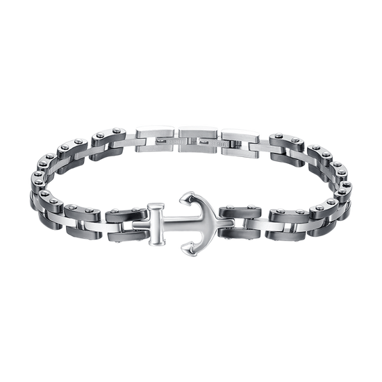 BRAZALETE DE ACERO ROSA PARA HOMBRE CON ELEMENTOS DE CERÁMICA NEGRA Y ANCLA