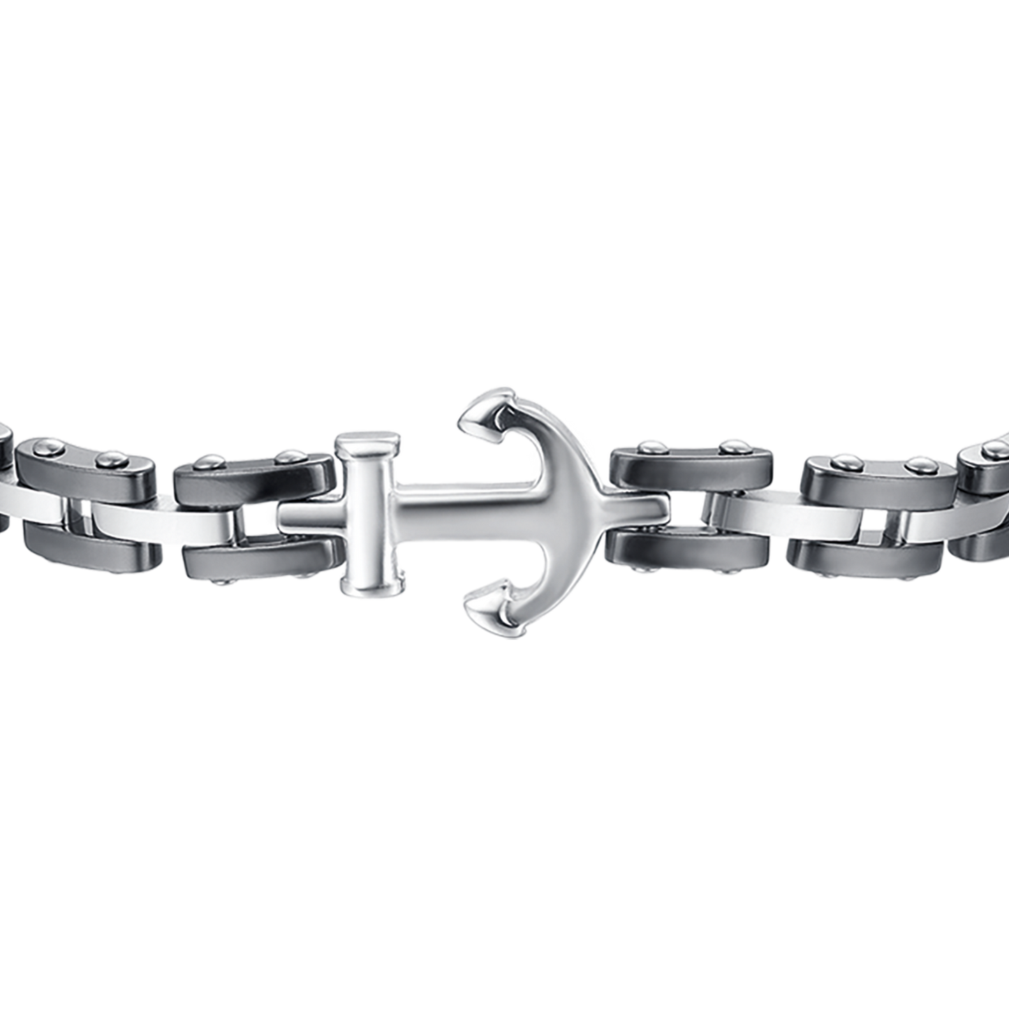 BRAZALETE DE ACERO ROSA PARA HOMBRE CON ELEMENTOS DE CERÁMICA NEGRA Y ANCLA
