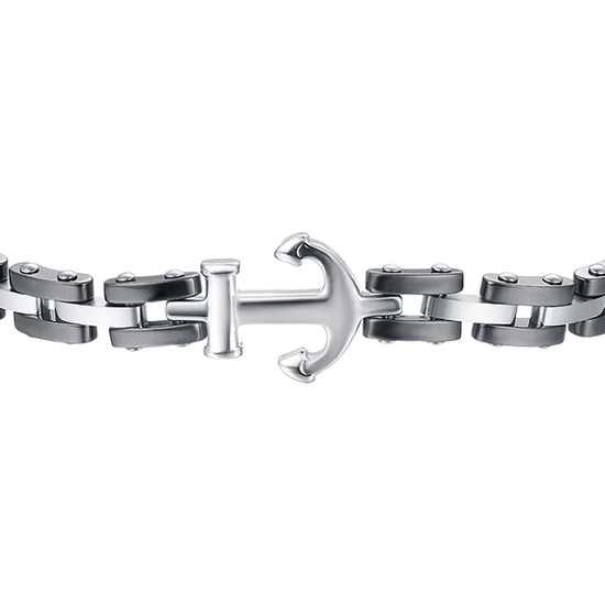 BRAZALETE DE ACERO ROSA PARA HOMBRE CON ELEMENTOS DE CERÁMICA NEGRA Y ANCLA
