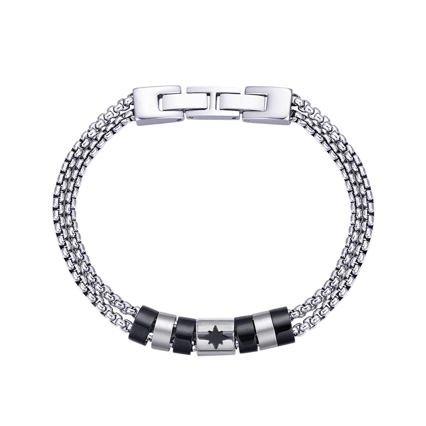 BRAZALETE DE ACERO PARA HOMBRE CON ELEMENTOS IP NEGROS Y ROSA DE LOS VIENTOS