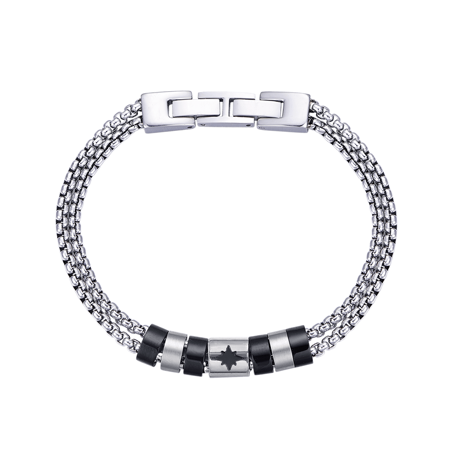BRAZALETE DE ACERO PARA HOMBRE CON ELEMENTOS IP NEGROS Y ROSA DE LOS VIENTOS