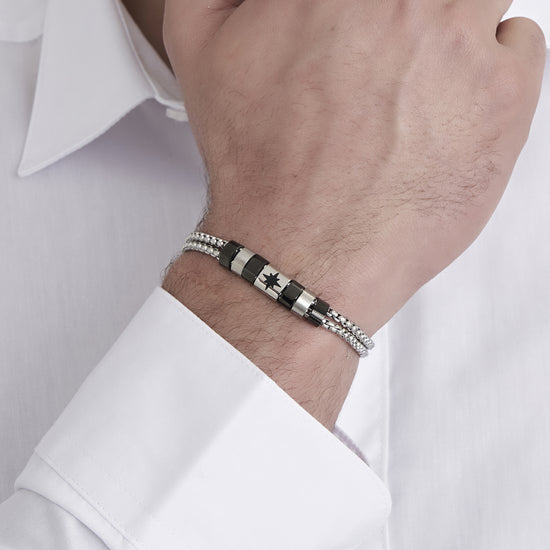 BRAZALETE DE ACERO PARA HOMBRE CON ELEMENTOS IP NEGROS Y ROSA DE LOS VIENTOS