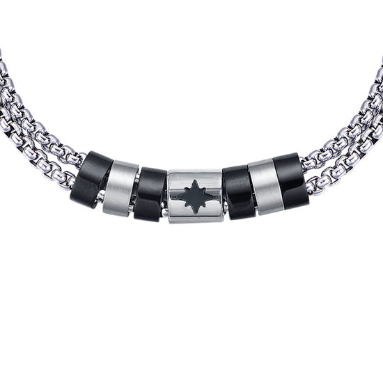 BRAZALETE DE ACERO PARA HOMBRE CON ELEMENTOS IP NEGROS Y ROSA DE LOS VIENTOS