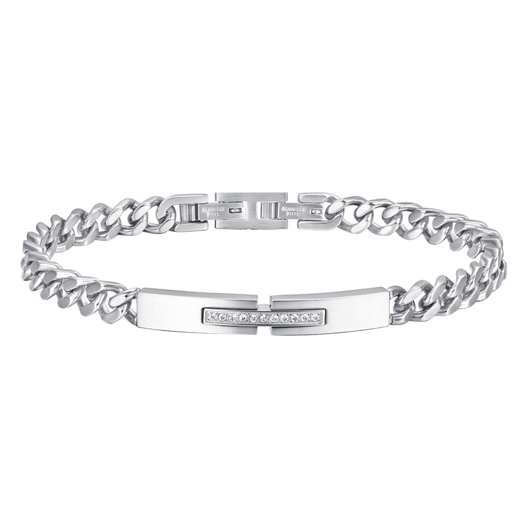 PULSERA DE ACERO PARA HOMBRE CON PLACA Y CRISTALES BLANCOS