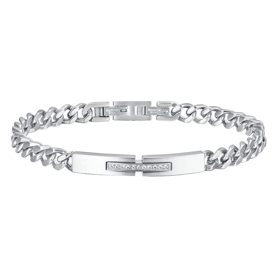 PULSERA DE ACERO PARA HOMBRE CON PLACA Y CRISTALES BLANCOS