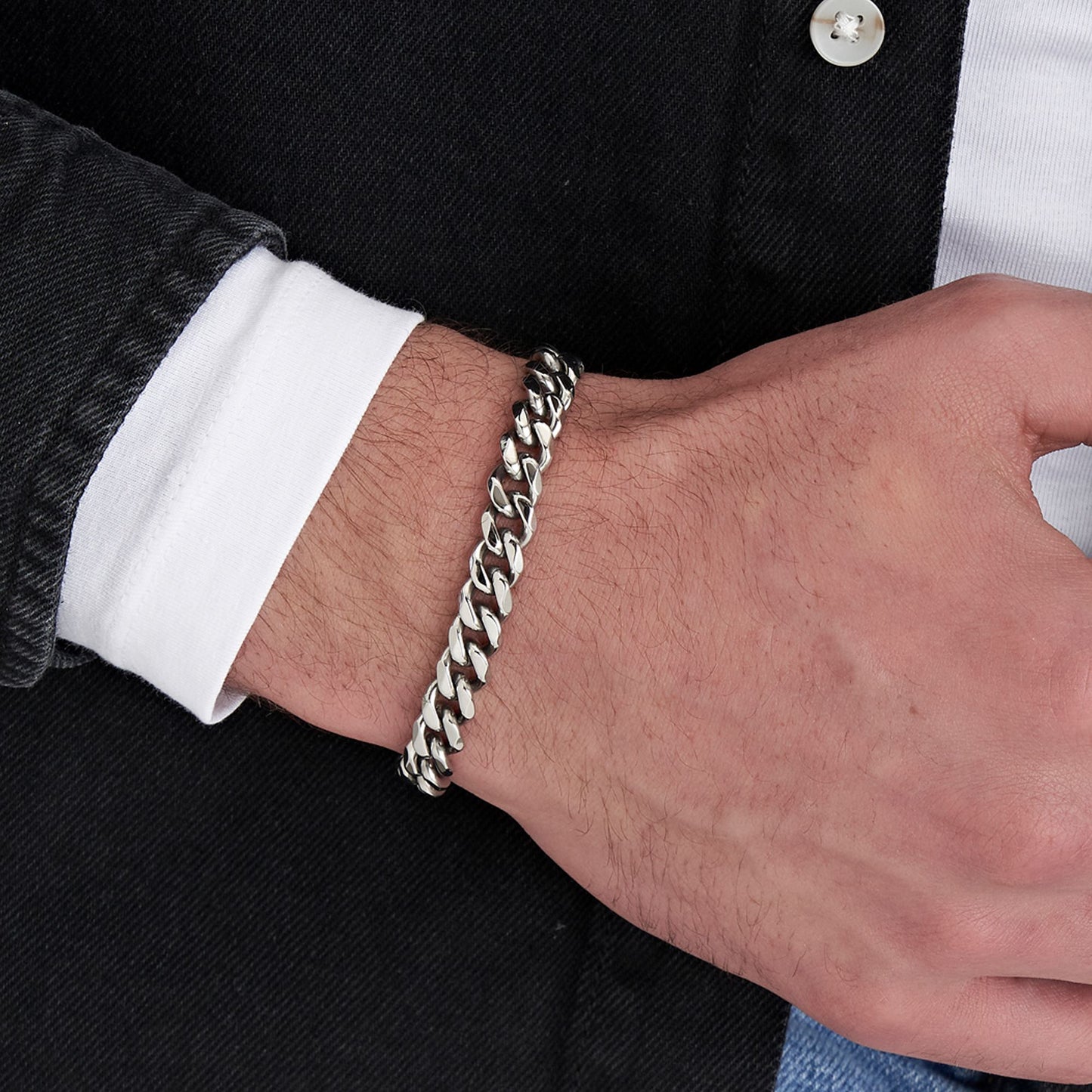 PULSERA DE ACERO CON CADENA DE PLATA PARA HOMBRES