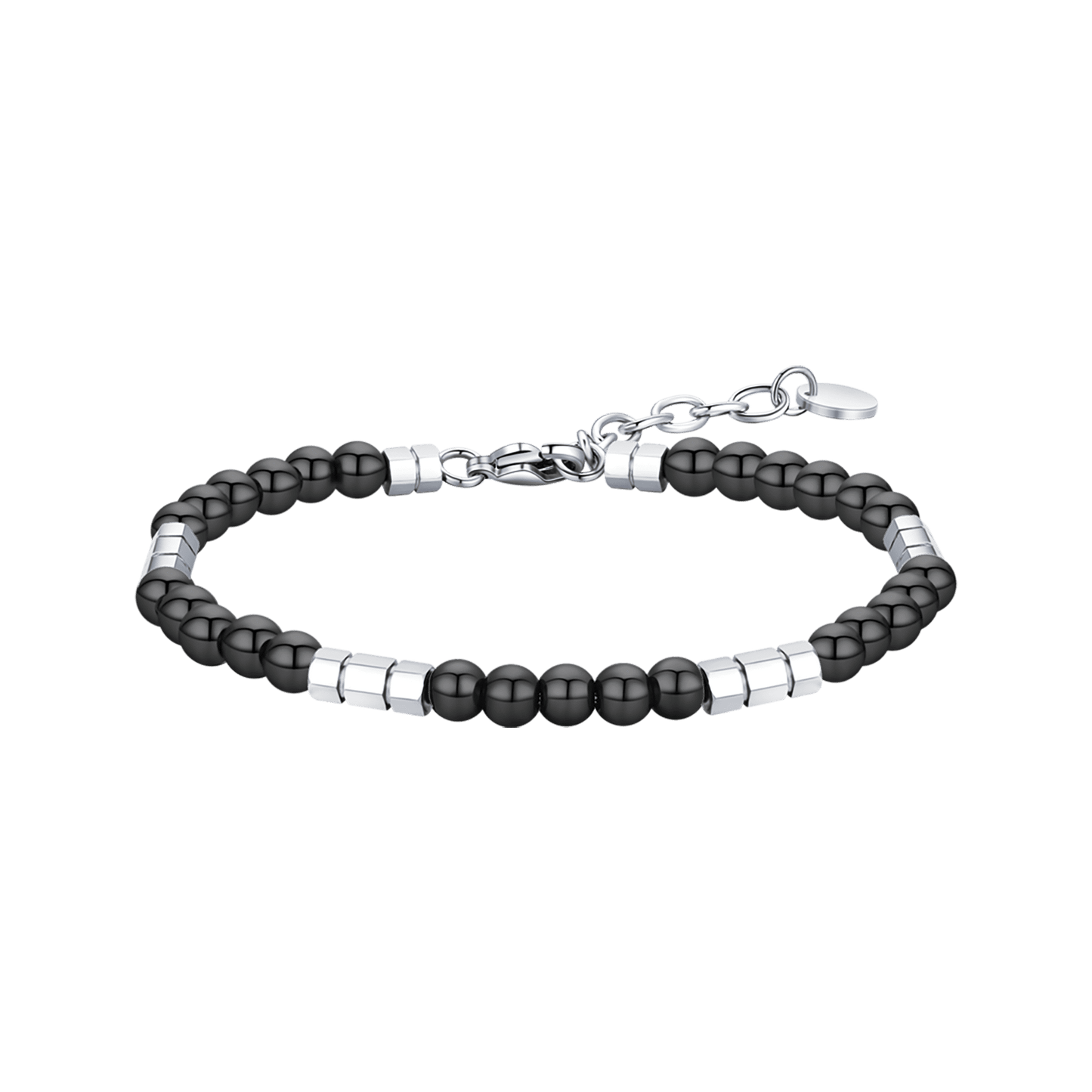 PULSERA DE ACERO PARA HOMBRE CON PIEDRAS NEGRAS Y ELEMENTOS DE ACERO
