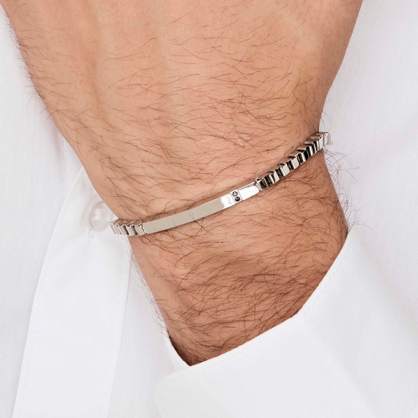 PULSERA DE ACERO PARA HOMBRE CON PLACA NEGRA Y CRISTALES