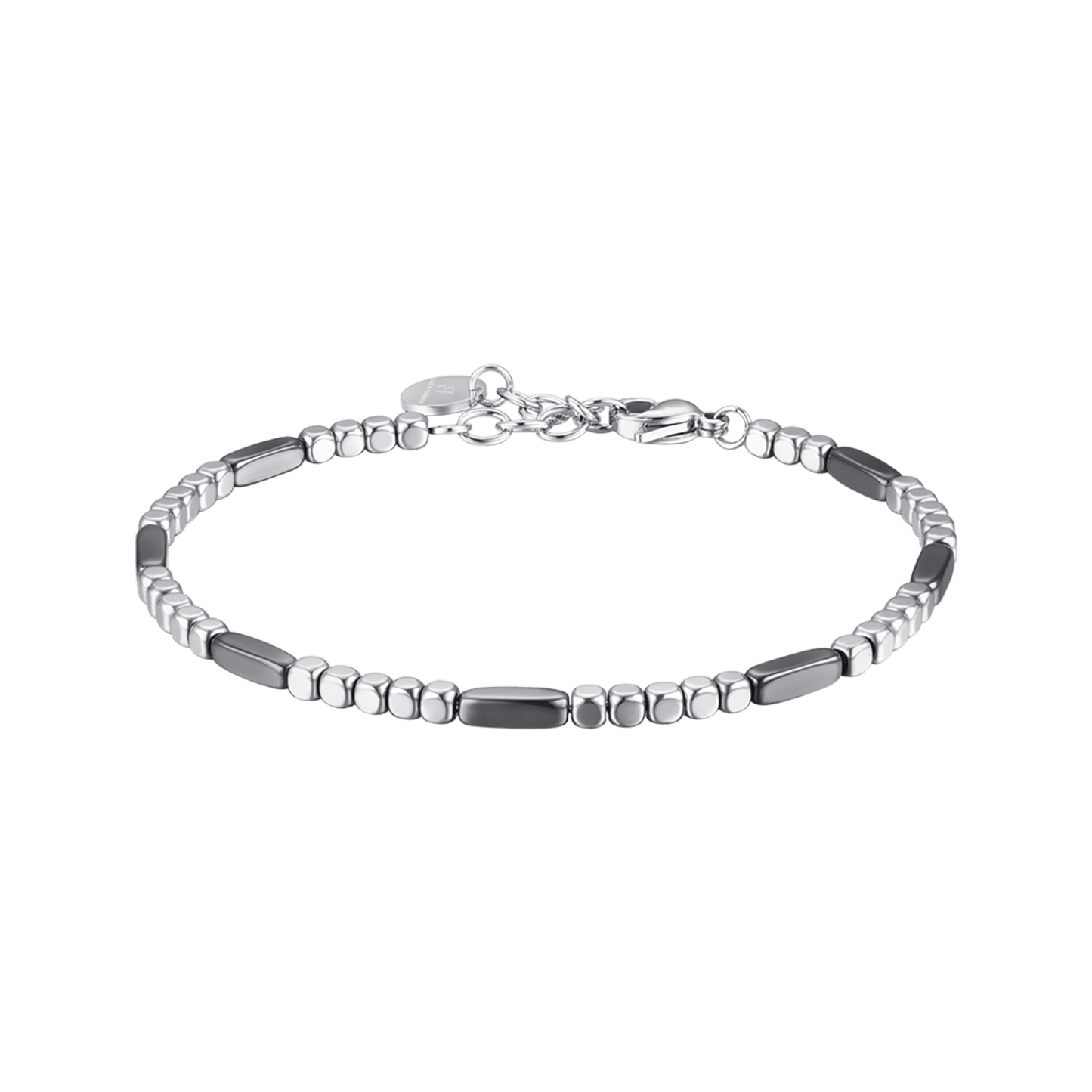 PULSERA DE ACERO PARA HOMBRE CON HEMATITA PLATEADA Y ELEMENTOS GRISES