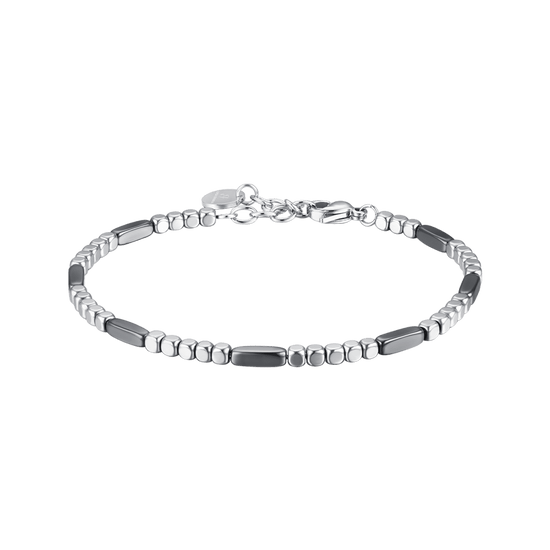 PULSERA DE ACERO PARA HOMBRE CON HEMATITA PLATEADA Y ELEMENTOS GRISES