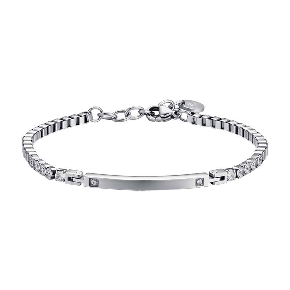 PULSERA DE ACERO PARA HOMBRE CON PLACA Y CRISTALES BLANCOS