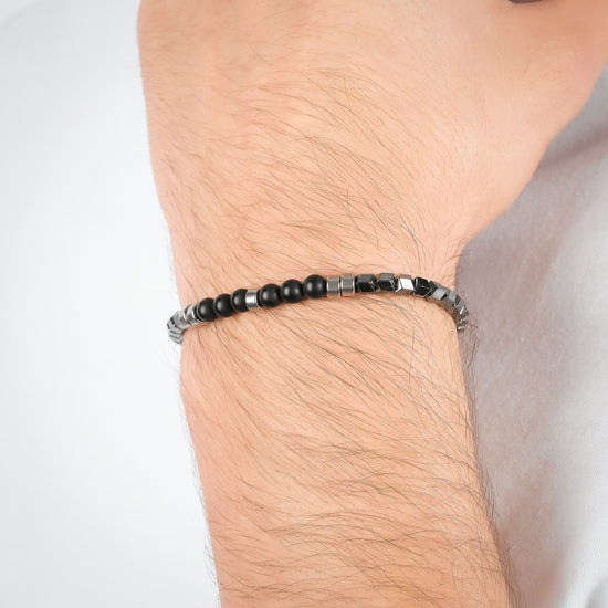PULSERA DE ACERO PARA HOMBRE CON PIEDRAS GRISES IP Y NEGRAS