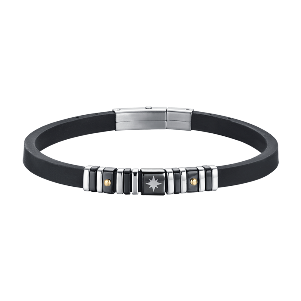 PULSERA DE HOMBRE DE SILICONA NEGRA CON ELEMENTOS DE ACERO Y IP NEGRA Y ROSA DE LOS VIENTOS