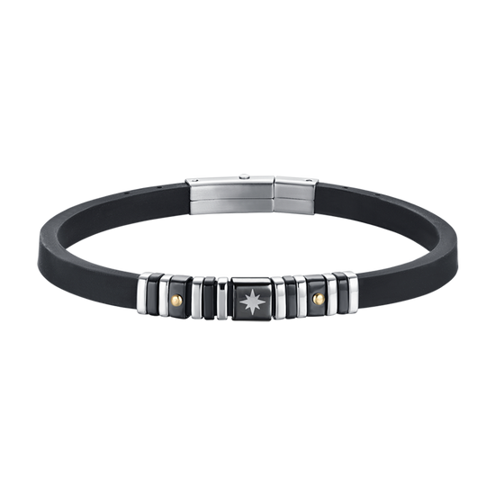 PULSERA DE HOMBRE DE SILICONA NEGRA CON ELEMENTOS DE ACERO Y IP NEGRA Y ROSA DE LOS VIENTOS