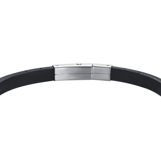 PULSERA DE HOMBRE DE SILICONA NEGRA CON ELEMENTOS DE ACERO Y IP NEGRA Y ROSA DE LOS VIENTOS